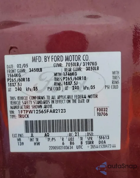 2005 Ford F150 Supercrew из США, поврежденный, VIN 1FTPW12565FA82123